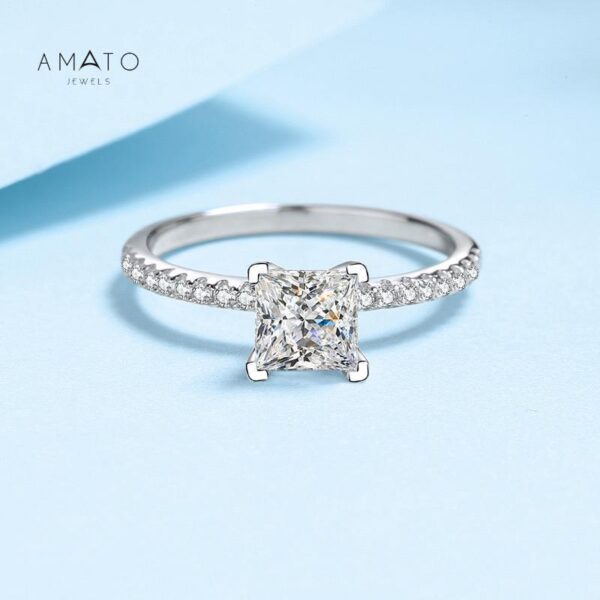 Amato Jewels 100% Authentic 1 & 2 carats Princess cut Moissanite white gold plated silver ring with GRA certificate, one moissanite one unique certificate and is laser inscription on the girdle