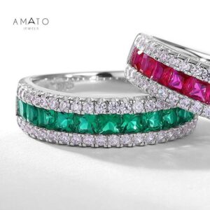 Amato Jewels Authentic Emerald cut Lab Grown Ruby OR Emerald Eternity Ring ,