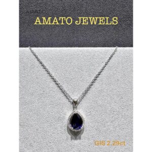 Amato Jewels 100% Authentic 2.29 carats Pear Shape Lab Grown Sapphire with Yellow or White gold plated 925 Silver pendant which comes with GIS certificate from Switzerland