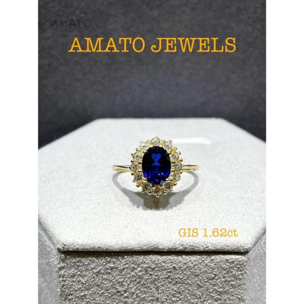 Amato Jewels 100% Authentic 1.62 carats Oval cut Lab Grown Sapphire with Yellow or White gold plated 925 Silver ring which comes with GIS certificate from Switzerland