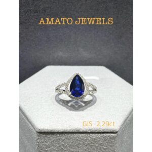 Amato Jewels 100% Authentic 2.29 carats Pear Shape Lab Grown Sapphire with Yellow or White gold plated 925 Silver ring which comes with GIS certificate from Switzerland