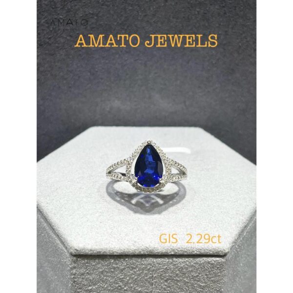 Amato Jewels 100% Authentic 2.29 carats Pear Shape Lab Grown Sapphire with Yellow or White gold plated 925 Silver ring which comes with GIS certificate from Switzerland