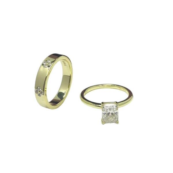 Amato Jewels Exclusive 2carats Radiant & 0.36 carats moissanite Stacking band Gold Plated 925silver ring