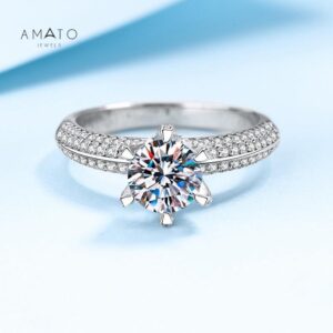 Amato Jewels 100% Authentic 2 carats Moissanite FIXED SIZE white gold plated silver ring with GRA certificate, one moissanite one unique certificate and is laser inscription on the girdle
