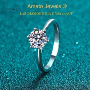 Amato Jewels 100% Authentic 1.09 carat Lab Grown Diamond ring with 925 silver white gold or yellow gold plated ring