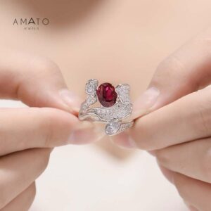 Amato Jewels Authentic 2 carats Oval cut Lab Grown Ruby Flower Blossom Ring ,